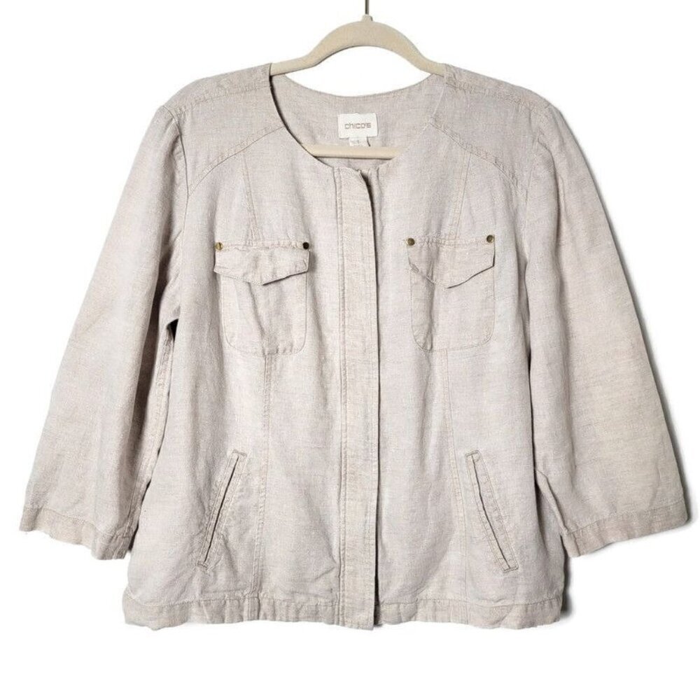 Chico's Womens Beige with Gold Metallic Linen Full Zip Blazer Jacket Size 1